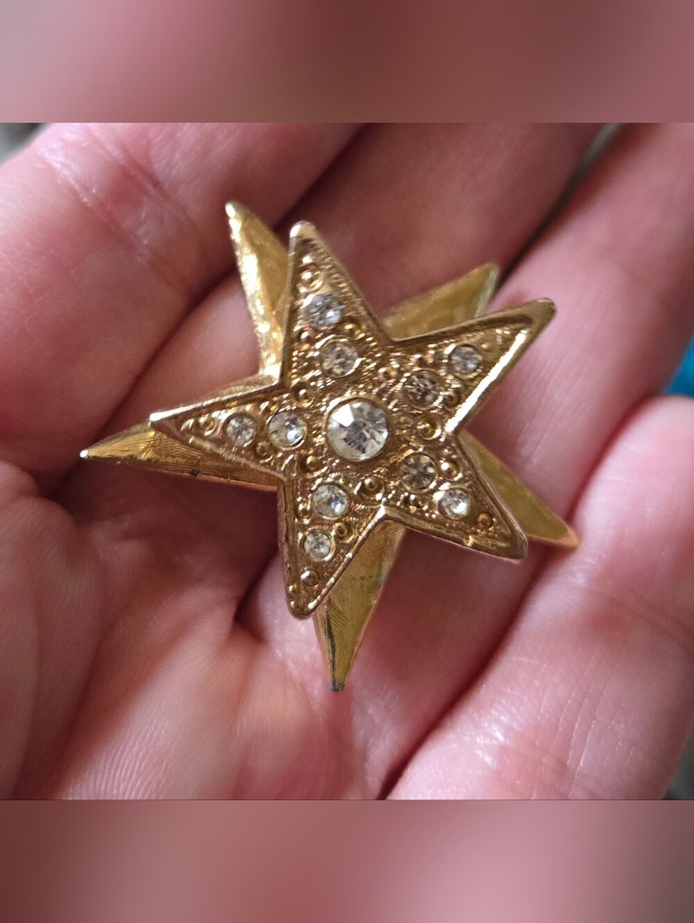 Vintage Double Star Trembler Brooch w/ Rhinestones Gold-Tone